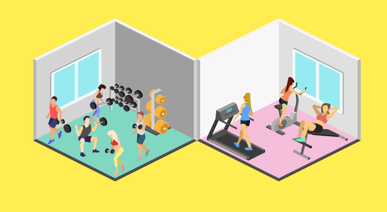 animated image of men and women in a gym