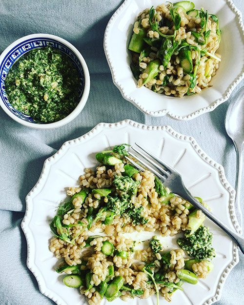 Asparagus Risotto With Pea Shoots And Mint Pesto