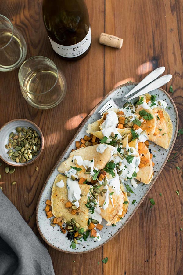 Chipotle Butternut Squash Crepes with Cilantro Crema