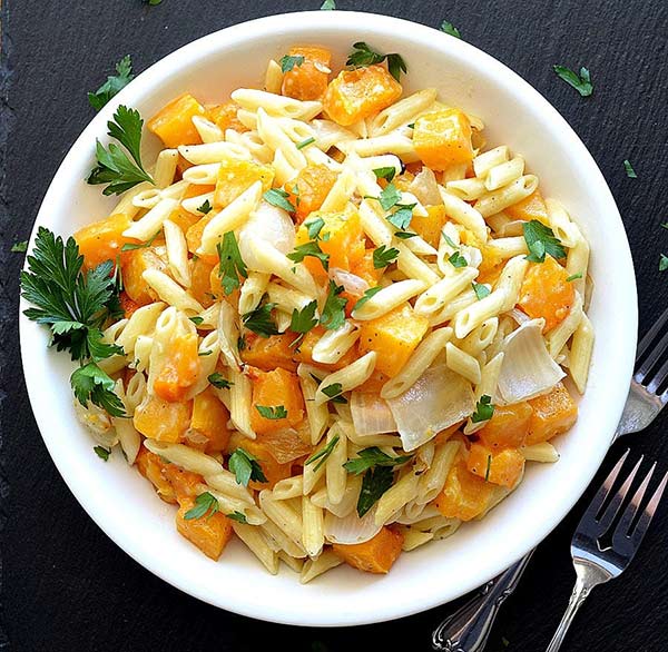 Penne with roasted butternut squash and goat cheese