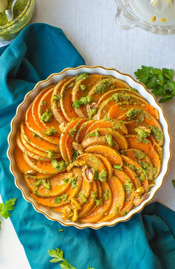Roasted Butternut Squash Slices With Walnuts & Parsley Pesto