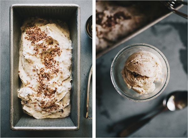 roasted banana coconut ice cream in a tub and glass