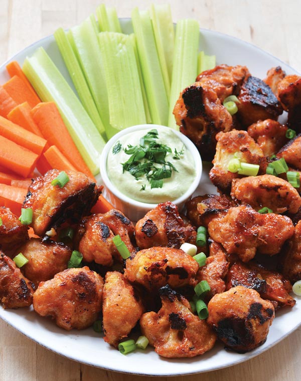 bbq cauliflower poppers carrot sticks and celery