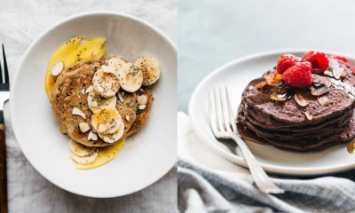 pancakes with seeds and chopped bananas on next to pancakes with raspberries and nuts on