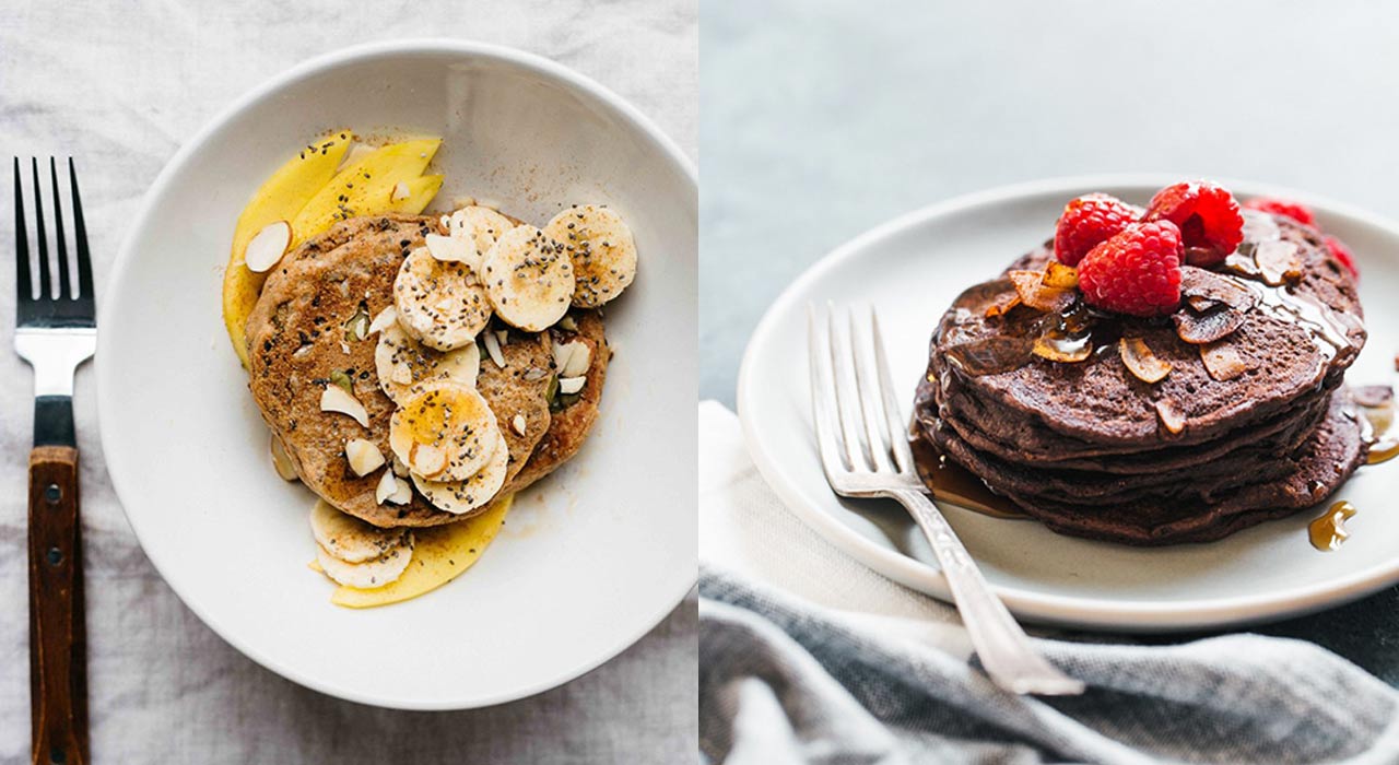 pancakes with seeds and chopped bananas on next to pancakes with raspberries and nuts on