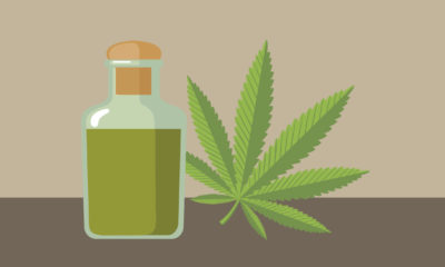 animation of a cannabis leaf next to a bottle of cbd oil