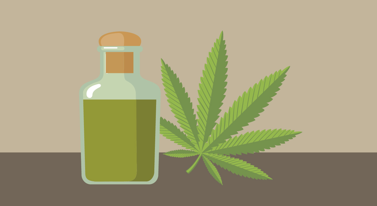 animation of a cannabis leaf next to a bottle of cbd oil