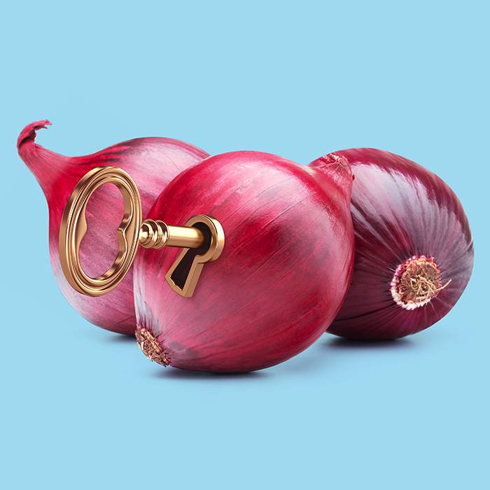 red onions with a keyhole and key animation