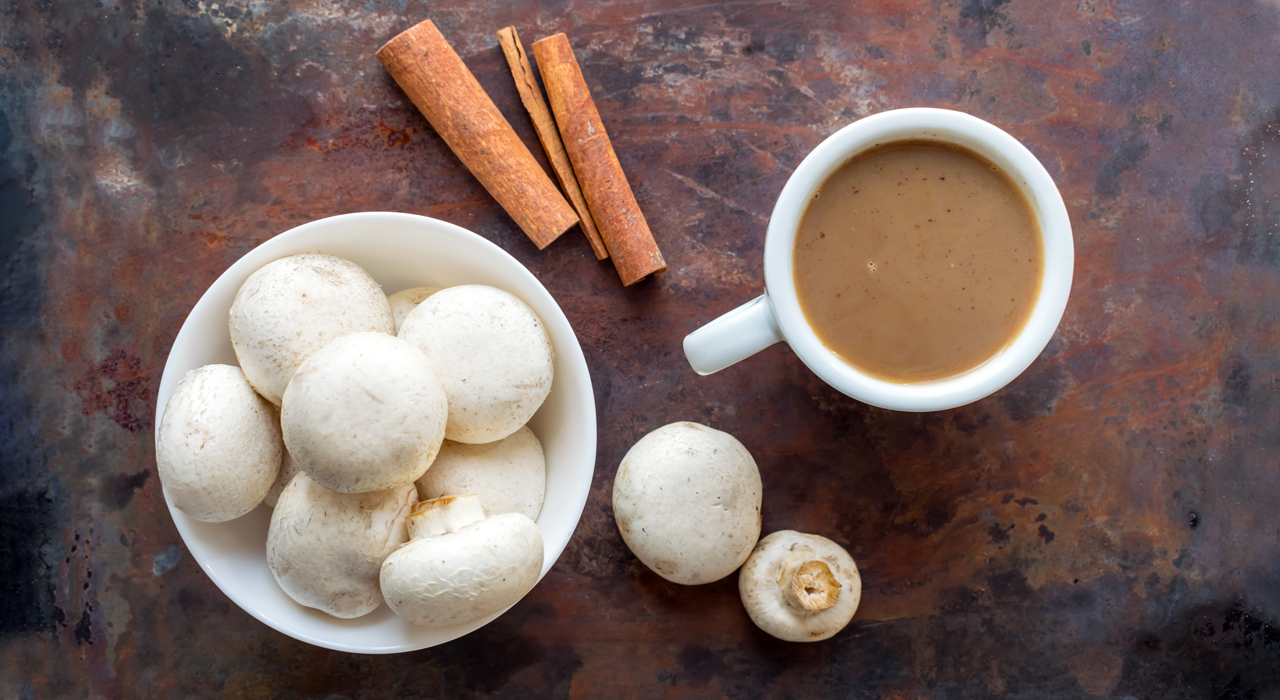 mushrooms and coffee with some cinnamon sticks