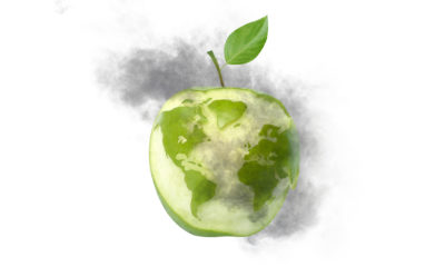 an apple with the world map carved into it with black smoke hovering around it