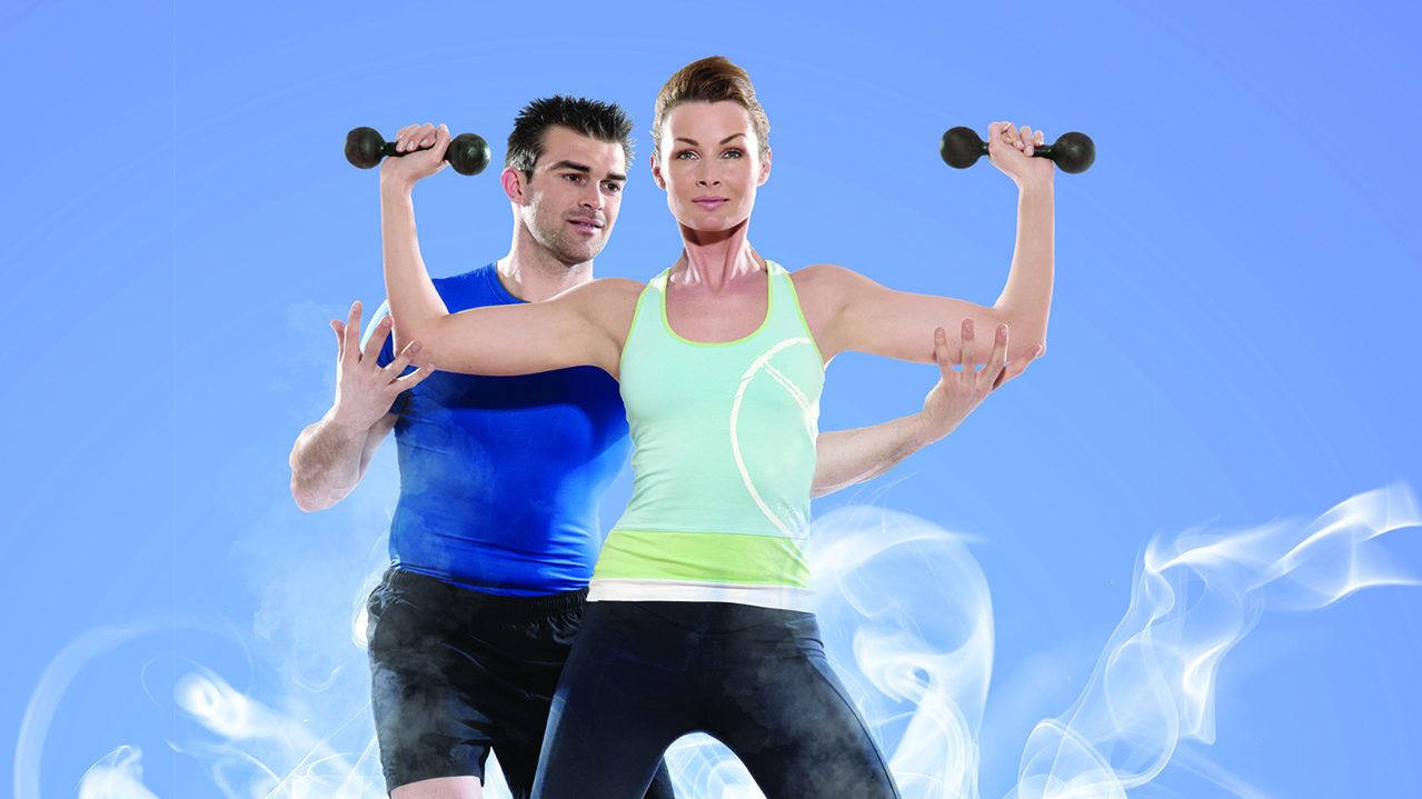 man and woman training with dumbbells