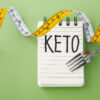 note pad with the word keto written on in capital letters and a measuring tape wrapped around a fork on a light green background